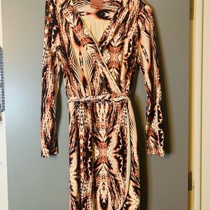 J. Madeline print dress in orange/black. Lined, lovely shape, belt